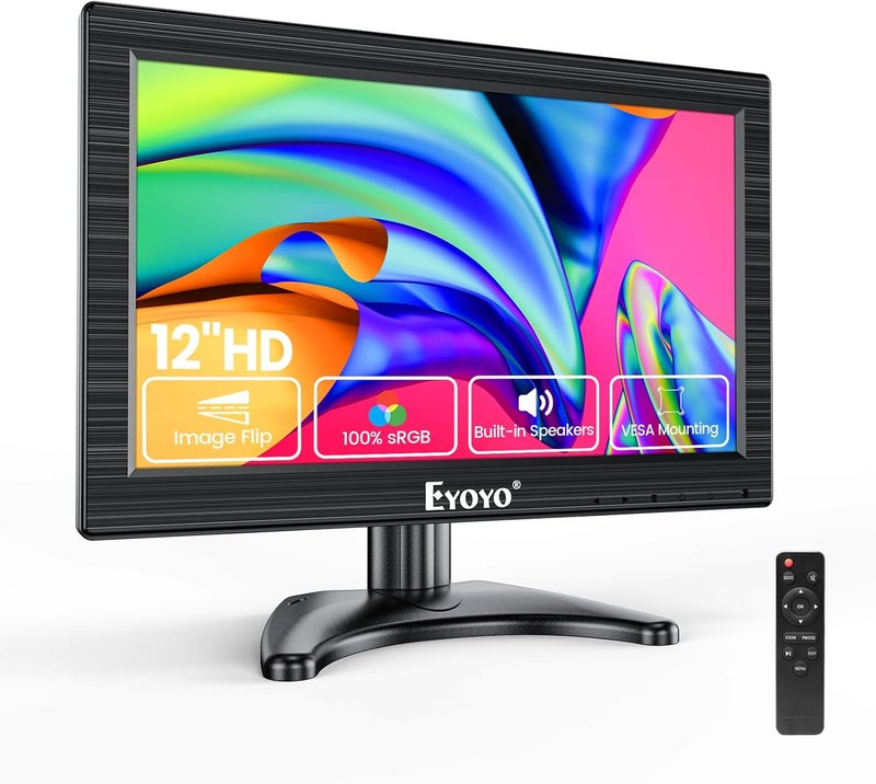 EYOYO 12 Inch Small Monitor with BNC, HDMI VGA AV Inputs, Compact CCTV Security Monitor for Surveillance, Secondary Display for Small Spaces, Wall Mountable, Cables & Remote Included - Image 1